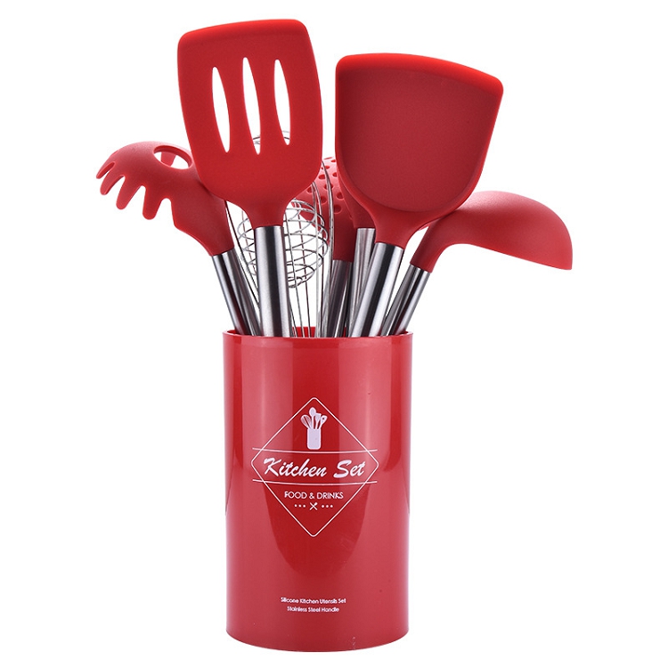 Stainless steel tube handle silicone kitchen set 8 pieces cooking spoon shovel kitchen tools storage bucket set